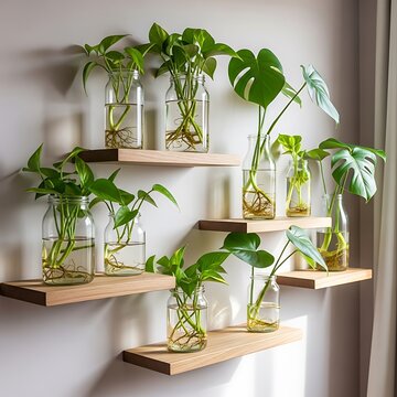 Collection of various green houseplants propagating in glass jars on wooden floating shelves mounted on white wall creating vertical indoor garden display