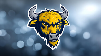 Fierce buffalo head mascot logo design, esports branding, team emblem, defocused background, with copy space
