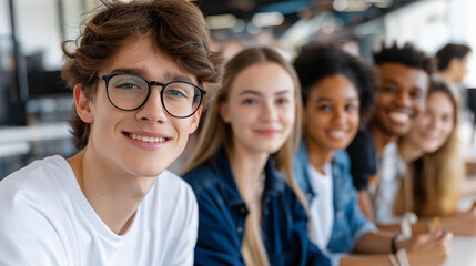 Fototapeta premium Faceless positive interracial gamers looking at camera and posing in cyber club, banner, esports community, defocused background, with copy space