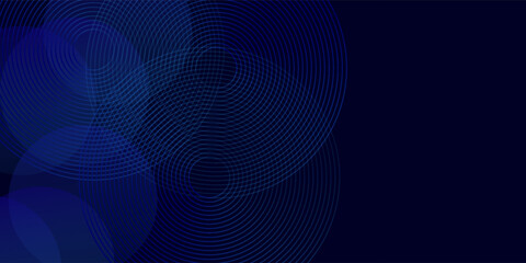 Obraz premium Abstract geometric digital art with a deep navy blue background, layered translucent circular shapes in indigo and blue tones, line patterns, smooth gradients