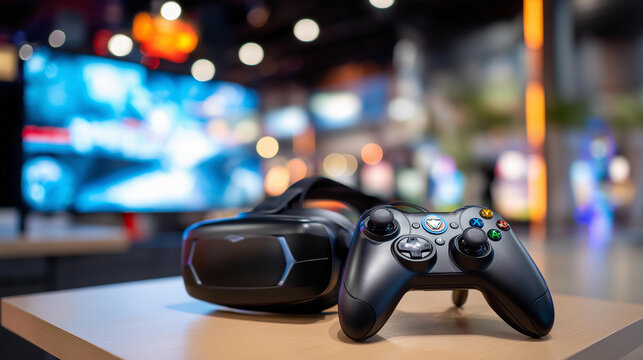 Virtual reality gaming headset and controller sitting on table in gaming club with neon lighting, VR equipment, defocused background, with copy space