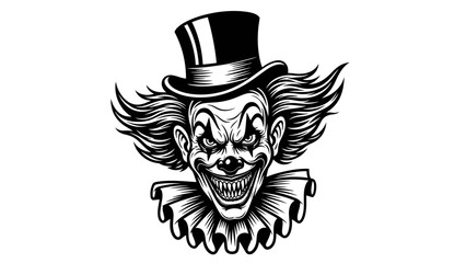 Scary Clown Face with Top Hat and Ruffled Collar, Horror Character Illustration