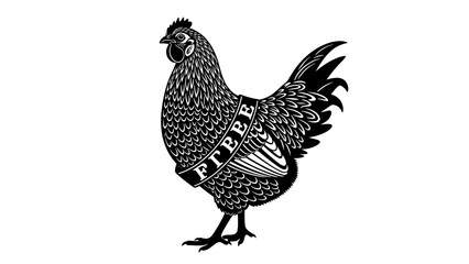 Vintage Black and White Rooster with "FREEB" Band on Neck, Retro Style Illustration