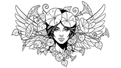 Woman with Wings and Morning Glory Flowers, Fantasy Art, Black and White Illustration
