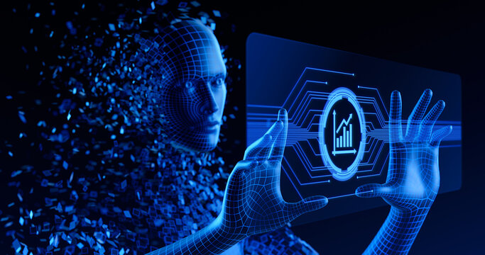 Growth Bar Chart Graph and Artificial Intelligence. Human Digital Avatar or AI agent touch screen
