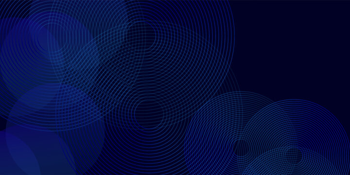 Abstract geometric digital art with a deep navy blue background, layered translucent circular shapes in indigo and blue tones, minimalist futuristic style