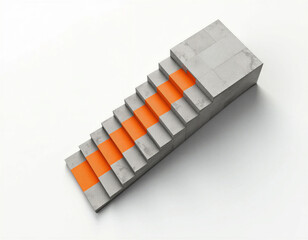 Fototapeta premium Brutalist concrete staircase overhead view with sharp zigzag geometry, diagonal shadows on raw aggregate texture, high contrast black-white with electric orange accent