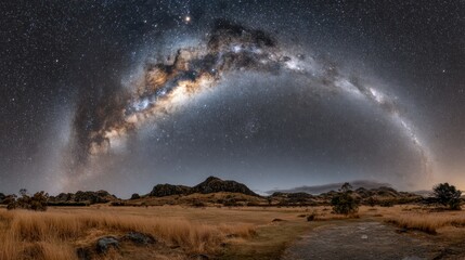 Panoramic Milky Way arch over rugged landscape at night. Brilliant stars curve across dark sky above mountains and dry grassland. Matariki celebration concept and Māori New Year