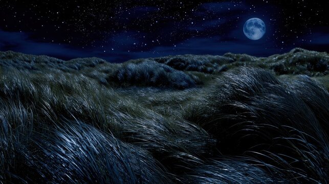 Starry winter night over rolling grass dunes under bright full moon. Deep blue sky filled with stars above windswept landscape. Matariki concept and Māori New Year