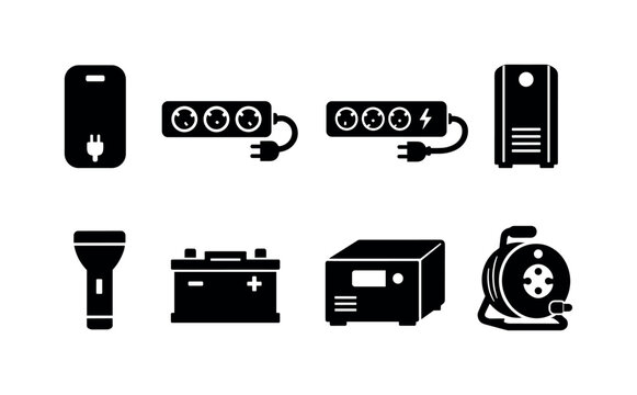 Home power backup items: power bank, extension cord, surge protector, UPS unit, flashlight, spare battery, inverter box, cable reel
