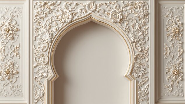 Ornate ivory white baroque wall panel featuring an elegant pointed arch niche framed by intricate floral plasterwork detailing