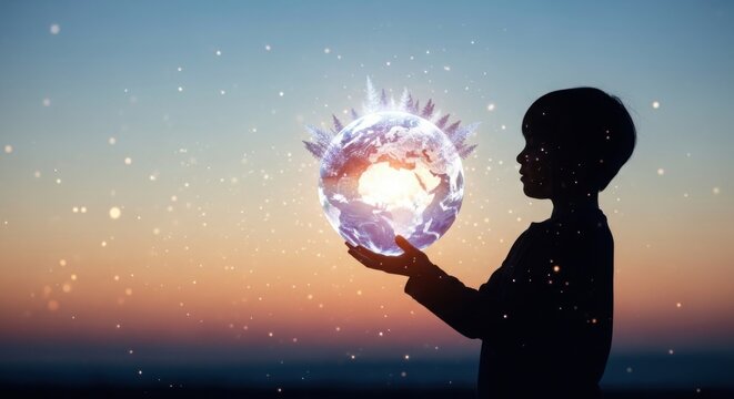 Silhouetted child holding glowing earth with trees and stars in sunset background