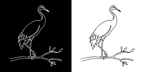 Elegant heron perched on branch in simple line art style