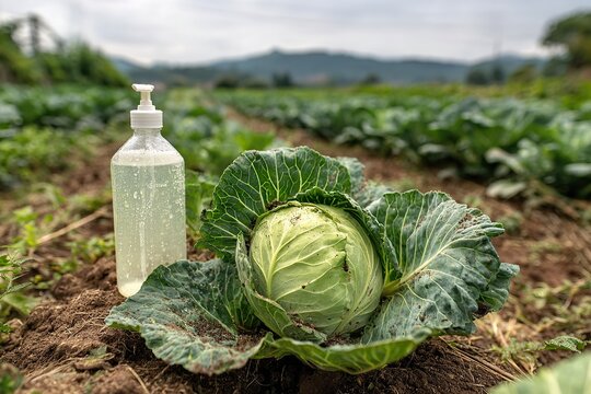 Cabbage Looper Damage on Green Cabbage with Unbranded Spray Bottle in Field