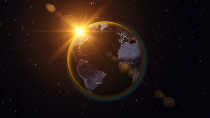 earth planet and sun orbit and shiny stars space and gold light rays, galaxy and univers night sky ,science and technology social media background © AIDIN