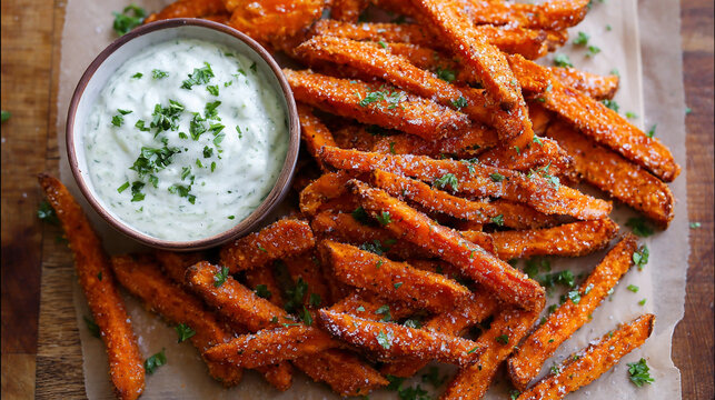 Crispy sweet potato fries served with dip on a wooden board Generative AI