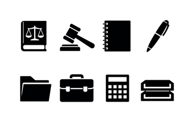 Legal structuring tools in silhouette style: law book, gavel, notebook, pen, document folder, briefcase, calculator, paper tray