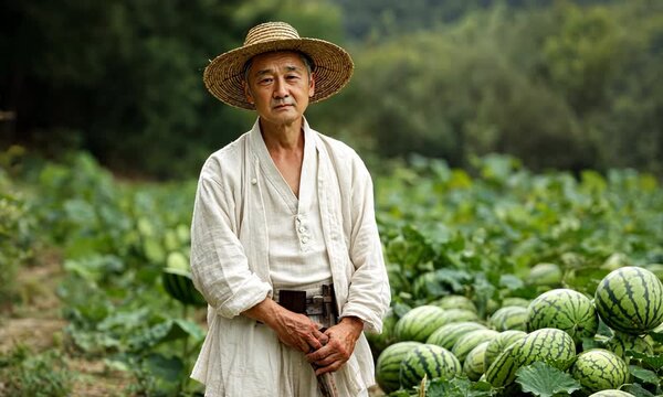 An elderly Asian man stands in a field of watermelons. He wears a straw hat and traditional clothing. The background features lush greenery and ripe melons.