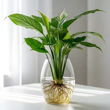 Peace lily plant cultivated in water within glass vase, roots submerged and healthy green leaves reaching upwards