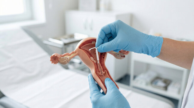 Close-up of a doctor demonstrating the IUD intrauterine contraception method on a transparent anatomical model of a human uterus - birth control and family planning in a clinic