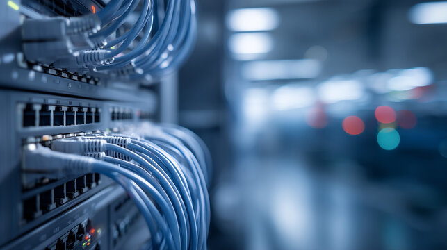 Close-up of ethernet cables connected to server in data center. Technology and network infrastructure concept.