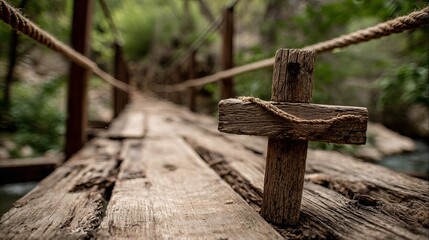Fototapeta premium A rustic wooden bridge with a rope railing spans a serene forest stream