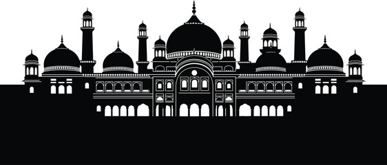 Intricate black and white silhouette of a grand mosque with multiple domes and minarets architecture © Its Morsed here
