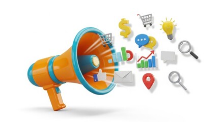 Naklejka premium 3D Megaphone Illustration with Digital Marketing and Business Icons for Social Media Advertising isolated on White Background