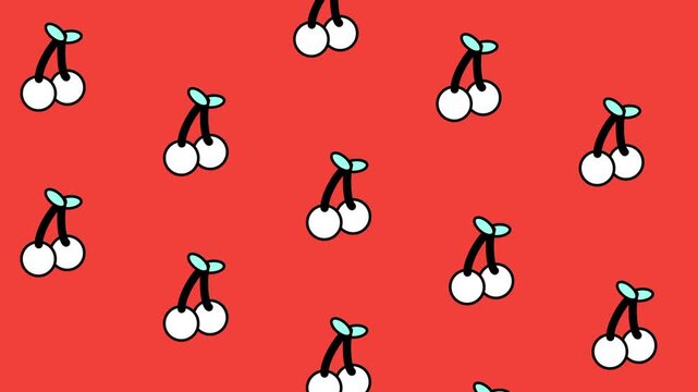 A repeating pattern of small red cherries with green stems covers a bright orange-red background offering a classic and sweet retro-style aesthetic