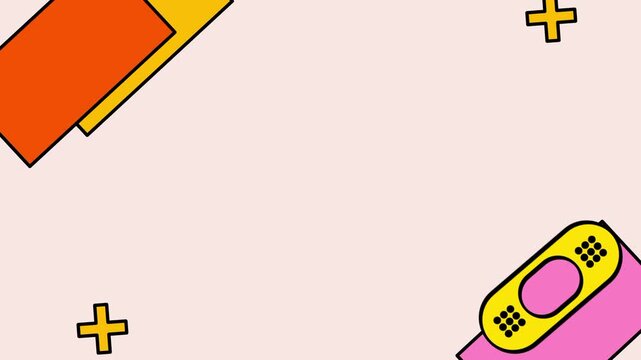 Playful geometric shapes including a yellow bandage and orange blocks are scattered on a pink surface for a quirky and creative stationary theme