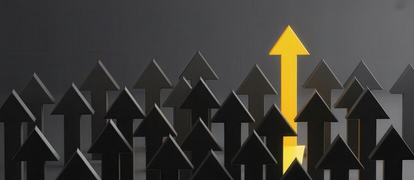 Bright yellow arrow standing out among many black arrows, symbolizing leadership, uniqueness, and going against the norm.
