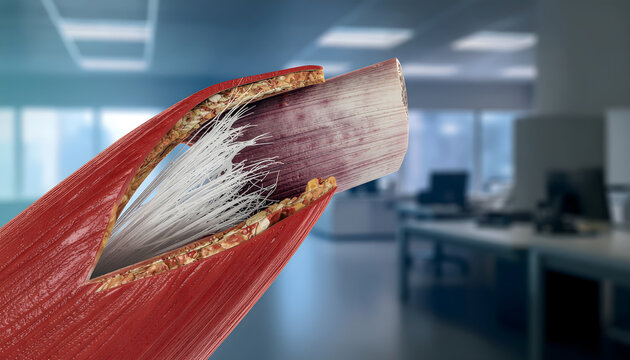 Extreme macro 3D medical illustration of a torn human skeletal muscle fiber showing internal damage and inflammation on clinical background
