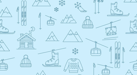 Seamless Pattern of Winter Mountain Sports and Snowy Landscape Elements on a Light Blue Background. © Rehan
