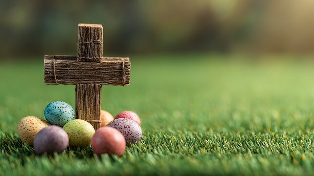 A rustic wooden cross surrounded by colorful Easter eggs on a lush green grassy field