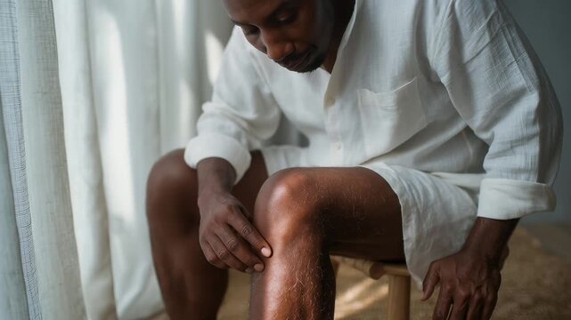 Thoughtful senior man seated indoors, legs exposed showing skin texture, and golden highlights. Warm natural light showcasing skin details and relaxed pose. Focus on maturity and tranquility.