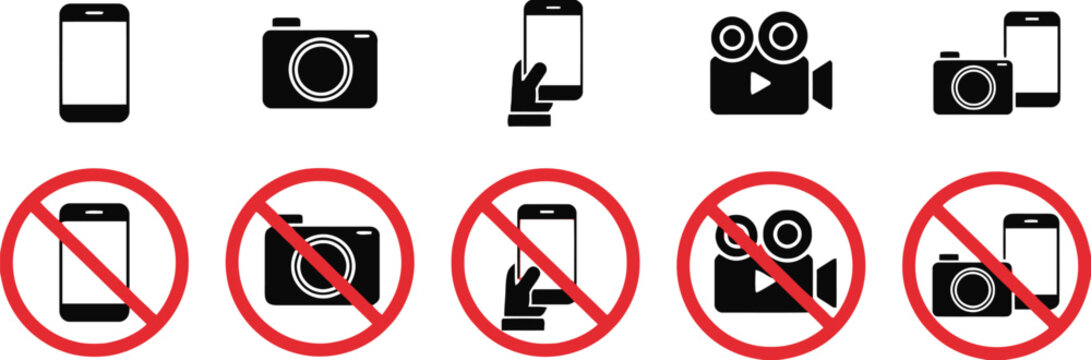 Collection of prohibition signs for cameras and smartphones, graphic icons with red circle and slash