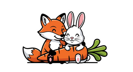 Cute Fox and Rabbit Friends Embrace a Carrot, Symbolizing Joyful Companionship and Healthy Living