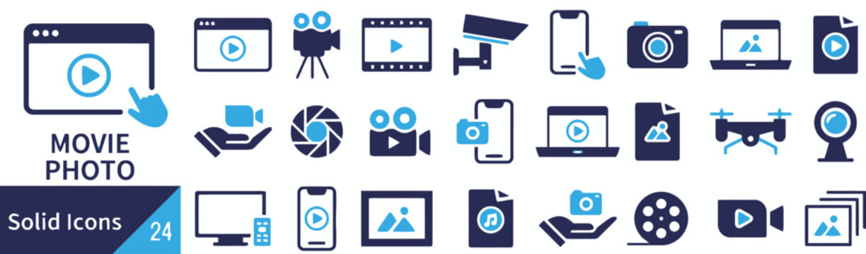 Collection of solid icons for multimedia and photography