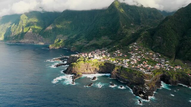 Seixal village Madeira Portugal, Atlantic Ocean coastline with cliffs and compact hillside houses