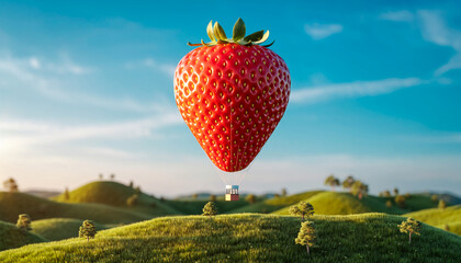 Surreal Strawberry Hot Air Balloon Floating Over Lush Green Hills - Creative Food Metaphor for Organic Growth, Freshness, and Innovation Hero Banner