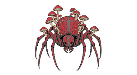 Intricate fantasy illustration of a grotesque spider creature adorned with vibrant red mushrooms, a unique blend of nature and macabre art