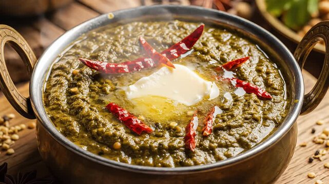 Close up of Sarson Ka Saag a rich spinach curry with butter and dried chilies in a brass bowl on a wooden table with spices