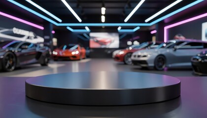 Automotive Showcase A Sleek Display of Modern Vehicles in a Futuristic Showroom