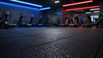 Modern Gym Interior with Treadmills and Strength Training Equipment in Blue and Red Lighting
