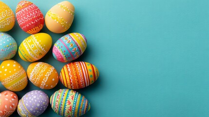 Fototapeta premium A collection of colorful Easter eggs with unique designs on a teal background