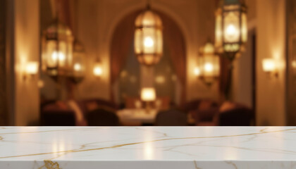 Marble tabletop with blurred Moroccan-style lounge with decorative lanterns and soft lighting