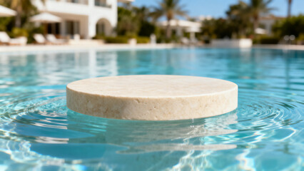 Minimalist stone podium floating on a vibrant blue swimming pool, ideal for elegant product display