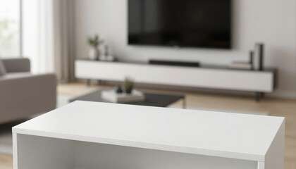 Modern Minimalist Living Room Interior with Stylish Furniture and Clean White Table Foreground