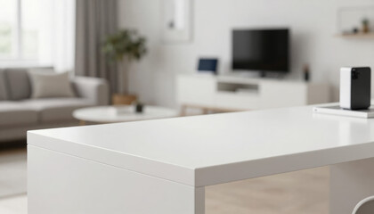 Bright and minimalist modern living room interior design with clean white counter for contemporary home lifestyle