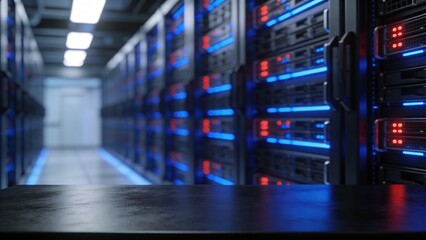 Server room with blinking blue lights and racks of computer equipment